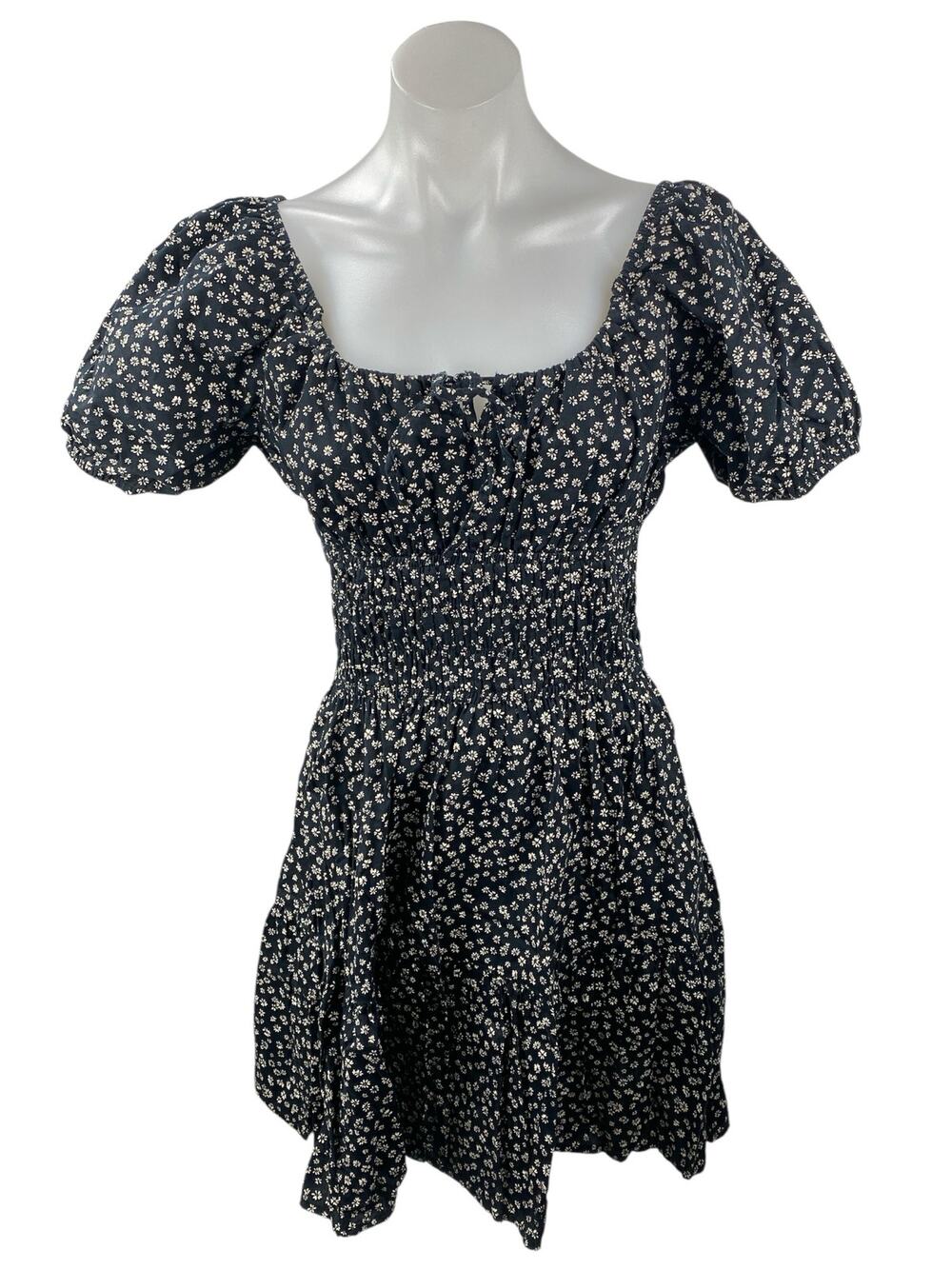GAP Black Floral Smocked Puff Sleeve Tie Square Neck Mini Flare A-Line Dress M